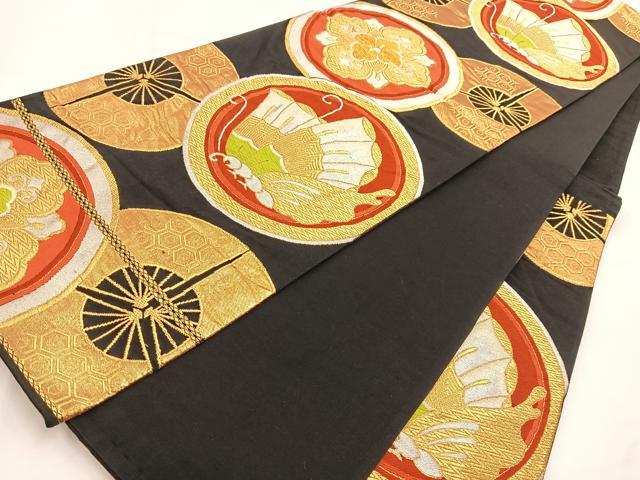 平和屋着物◎六通柄袋帯 唐織 花蝶扇丸文 黒地 金銀糸 正絹 逸品 BAAV7467yc
