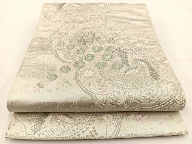 平和屋着物◎六通柄袋帯 花鳥文 銀糸 正絹 逸品 BAAV7468yc