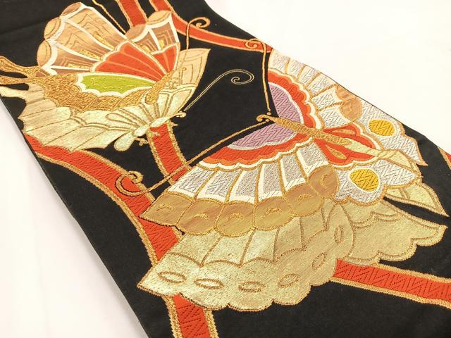 平和屋着物◎六通柄袋帯 唐織 舞蝶文 黒地 金銀糸 正絹 逸品 BAAV7516yc