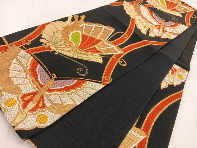 平和屋着物◎六通柄袋帯 唐織 舞蝶文 黒地 金銀糸 正絹 逸品 BAAV7516yc