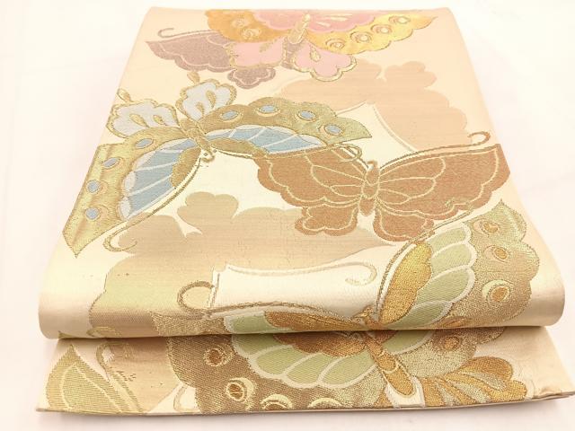 平和屋着物◎六通柄袋帯 唐織 舞蝶文 金糸 正絹 逸品 BAAV7578yc