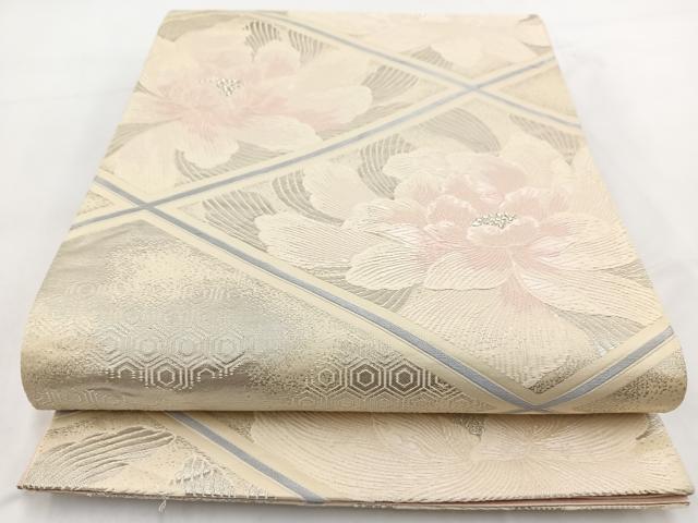 平和屋着物◎六通柄袋帯 唐織 菱天井牡丹文 銀糸 正絹 逸品 BAAV7613yc