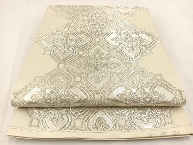 平和屋着物◎六通柄袋帯 大宮錦 幾何学花文 銀糸 正絹 逸品 BAAV7646yc