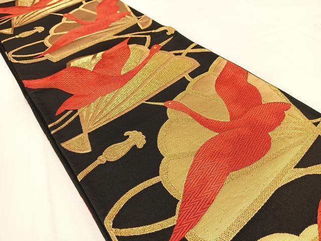 平和屋着物◎六通柄袋帯 唐織 飛鶴檜扇文 黒地 金糸 正絹 逸品 BAAV7652yc