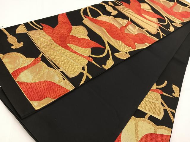 平和屋着物◎六通柄袋帯 唐織 飛鶴檜扇文 黒地 金糸 正絹 逸品 BAAV7652yc