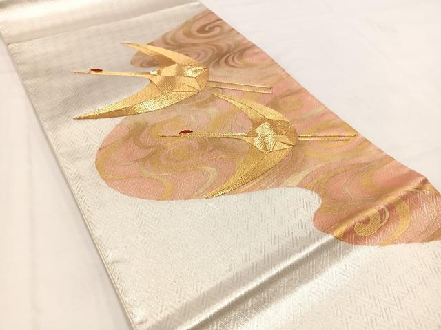 平和屋着物◎中国三大刺繍 相良刺繍 太鼓柄袋帯 駒刺繍 飛鶴流水文 金彩 正絹 逸品 BAAV7666yc