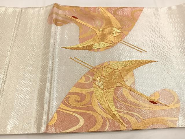 平和屋着物◎中国三大刺繍 相良刺繍 太鼓柄袋帯 駒刺繍 飛鶴流水文 金彩 正絹 逸品 BAAV7666yc