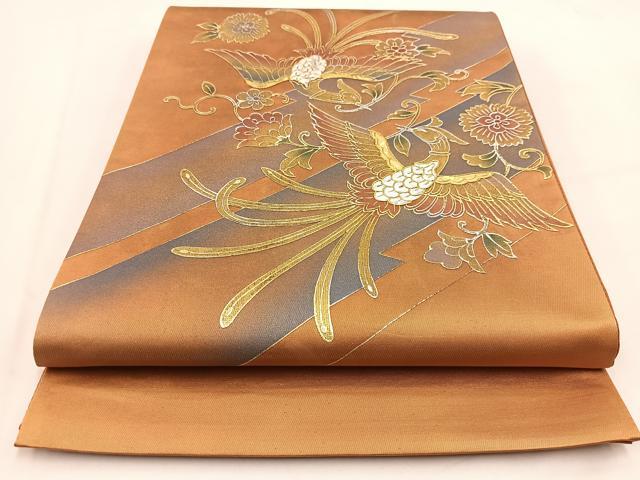 平和屋着物◎太鼓柄袋帯 向かい鳳凰更紗花文 金銀彩 引箔 正絹 逸品 BAAV7670yc