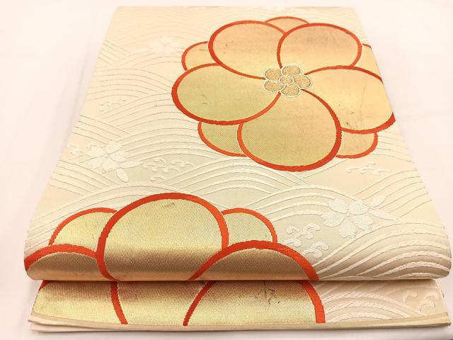 平和屋着物◎六通柄袋帯 唐織 手織 青海に梅 金糸 正絹 逸品 BAAV7672yc