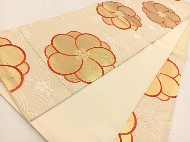 平和屋着物◎六通柄袋帯 唐織 手織 青海に梅 金糸 正絹 逸品 BAAV7672yc
