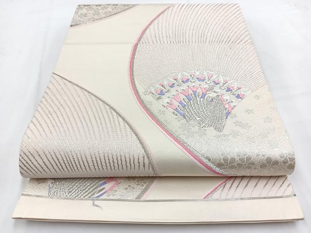 平和屋着物◎六通柄袋帯 唐織 孔雀花文 銀糸 正絹 逸品 BAAV7703yc