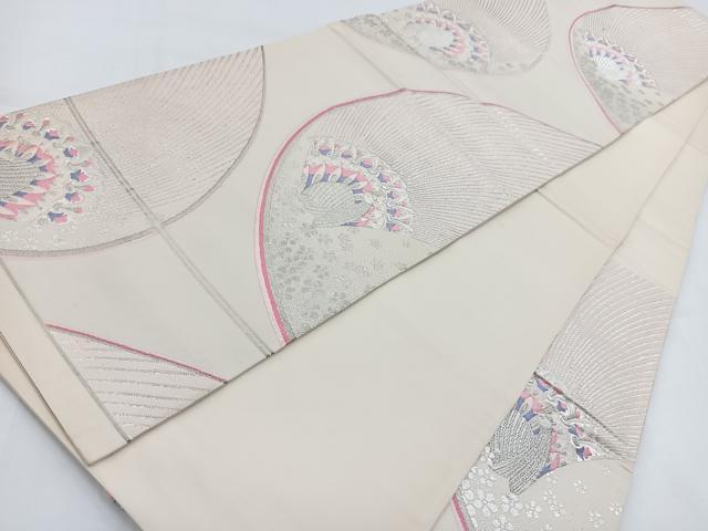 平和屋着物◎六通柄袋帯 唐織 孔雀花文 銀糸 正絹 逸品 BAAV7703yc
