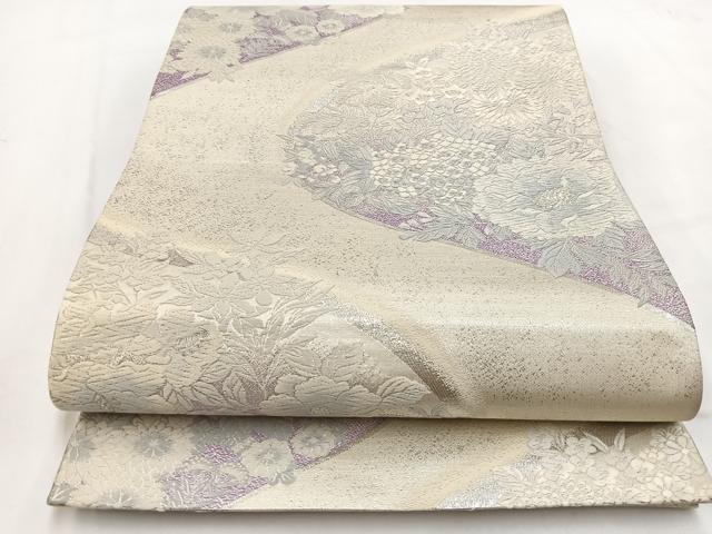 平和屋着物◎六通柄袋帯 唐織 草花文 銀糸 正絹 逸品 BAAV7704yc