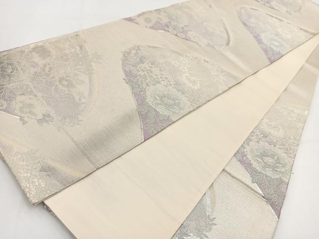 平和屋着物◎六通柄袋帯 唐織 草花文 銀糸 正絹 逸品 BAAV7704yc
