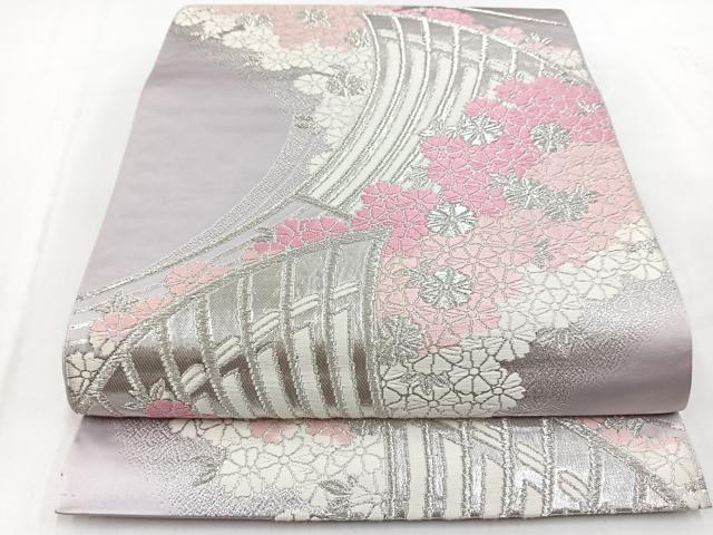 平和屋着物◎六通柄袋帯 唐織 檜扇花文 銀糸 正絹 逸品 BAAV7711yc