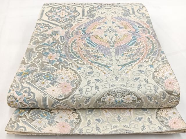 平和屋着物◎六通柄袋帯 唐織 プラチナ箔 裂取鳳凰文 正絹 逸品 BAAV7719yc