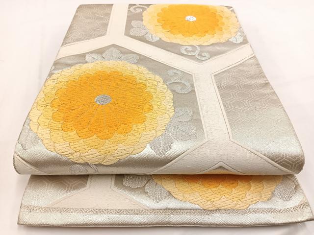平和屋着物◎六通柄袋帯 唐織 亀甲菊唐草文 銀糸 正絹 逸品 BAAV7735yc
