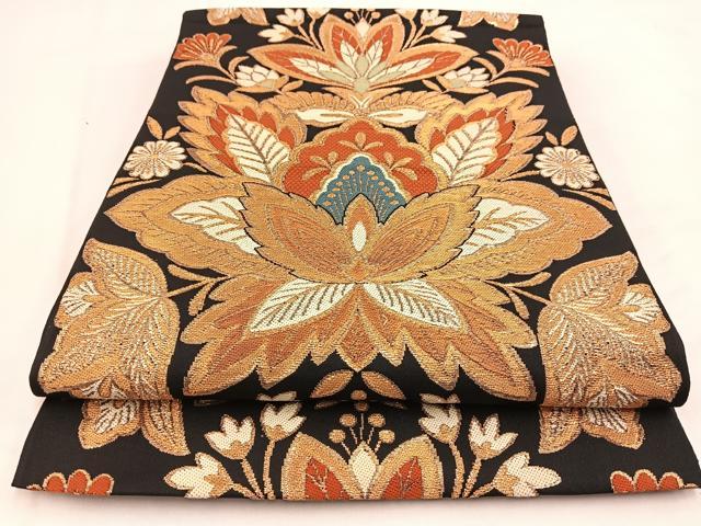平和屋着物◎六通柄 本袋帯 唐織 みやび錦 更紗花文 黒地 金糸 正絹 逸品 BAAV7772yc