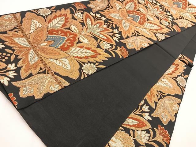 平和屋着物◎六通柄 本袋帯 唐織 みやび錦 更紗花文 黒地 金糸 正絹 逸品 BAAV7772yc