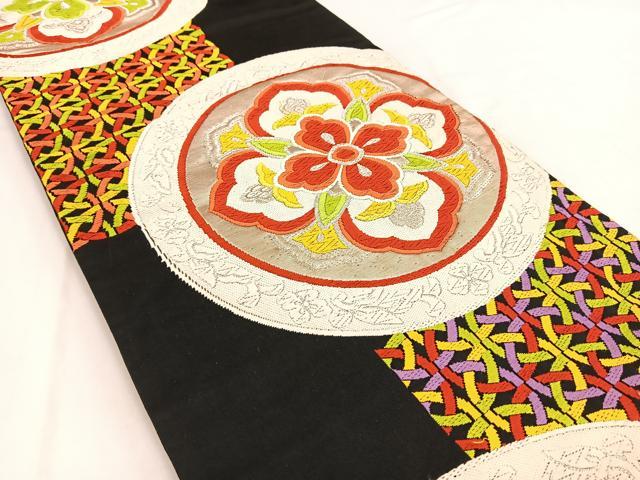 平和屋着物◎六通柄袋帯 唐織 幾何学正倉院花文 黒地 金糸 正絹 逸品 BAAV7785yc