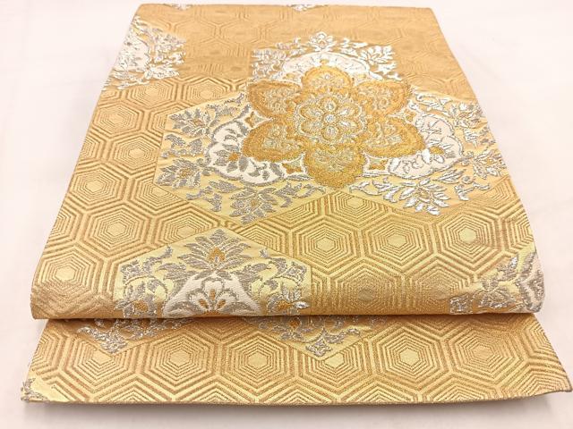 平和屋着物◎六通柄袋帯 亀甲更紗花文 金銀糸 正絹 逸品 BAAV7819yc