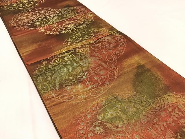 平和屋着物◎六通柄袋帯 向かい動物更紗花文 金糸 引箔 正絹 逸品 BAAV7840yc