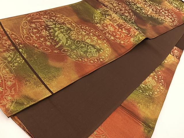 平和屋着物◎六通柄袋帯 向かい動物更紗花文 金糸 引箔 正絹 逸品 BAAV7840yc