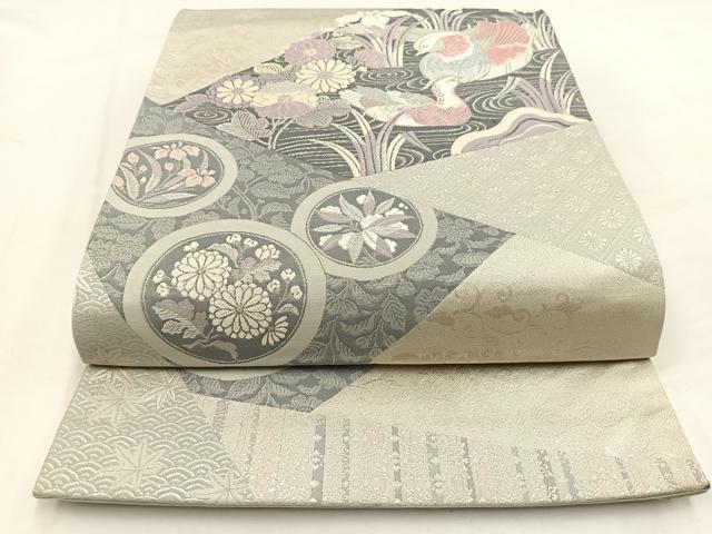 平和屋着物◎六通柄袋帯 唐織 裂取鴛鴦錦繍文 銀糸 正絹 逸品 BAAV7852yc