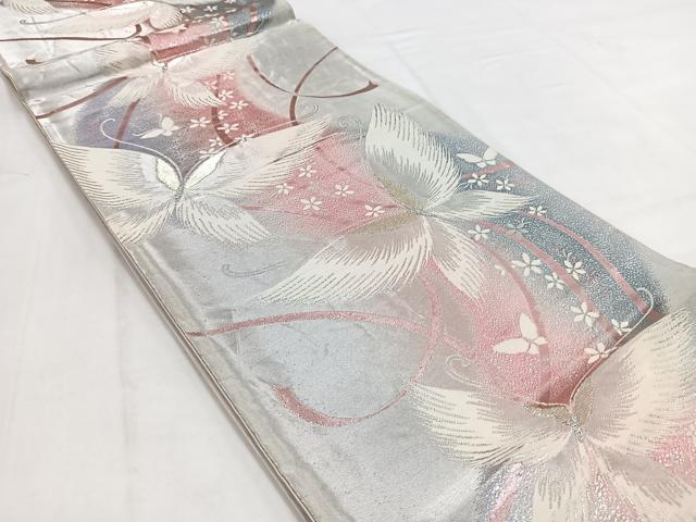 平和屋着物◎六通柄袋帯 唐織 花蝶文 銀糸 正絹 逸品 BAAV7859yc