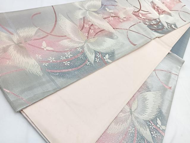 平和屋着物◎六通柄袋帯 唐織 花蝶文 銀糸 正絹 逸品 BAAV7859yc