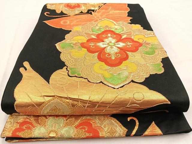 平和屋着物◎六通柄袋帯 花蝶文 黒地 金糸 正絹 逸品 BAAV7921yc