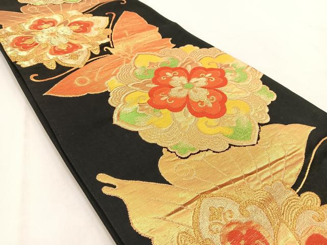 平和屋着物◎六通柄袋帯 花蝶文 黒地 金糸 正絹 逸品 BAAV7921yc