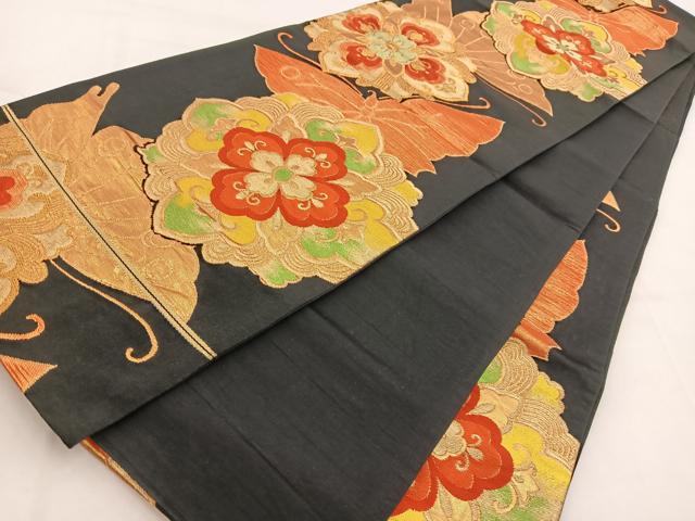 平和屋着物◎六通柄袋帯 花蝶文 黒地 金糸 正絹 逸品 BAAV7921yc