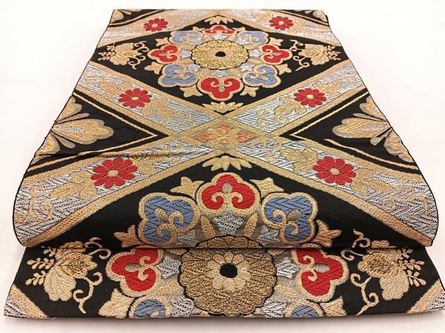 平和屋着物◎六通柄袋帯 唐織 菱天井花文 黒地 金銀糸 正絹 逸品 BAAV7941yc