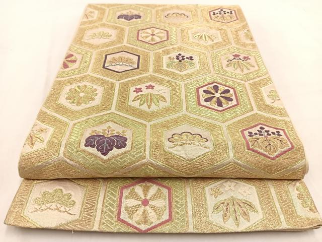 平和屋着物◎六通柄袋帯 唐織 亀甲草花文 金糸 正絹 逸品 BAAV7972yc