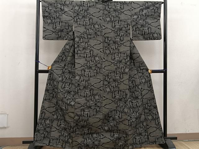 平和屋着物■上質な紬 樹林風景文 黒地 正絹 逸品 BAAV8187mz