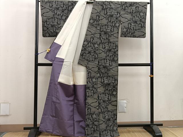 平和屋着物■上質な紬 樹林風景文 黒地 正絹 逸品 BAAV8187mz