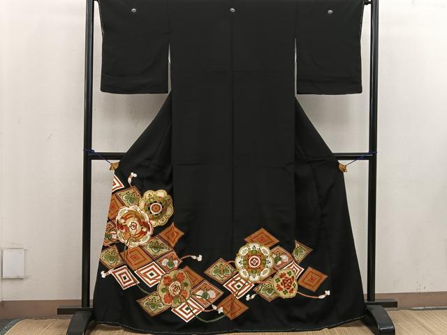 平和屋着物□豪華黒留袖 駒刺繍 鳳凰花文 金彩 正絹 逸品 未