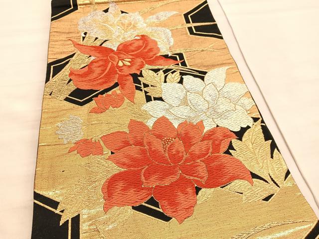 平和屋着物◎六通柄袋帯 唐織 カトレア亀甲花文 黒地 金銀糸 正絹 逸品 BAAV8415hv