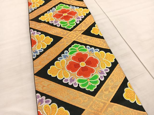平和屋着物◎六通柄袋帯 唐織 花菱文 黒地 金糸 正絹 逸品 BAAV8472hv