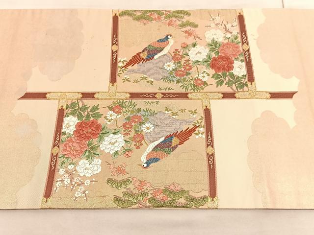 平和屋着物◎太鼓柄袋帯 唐織 孔雀鴛鴦松竹梅 金糸 引箔 正絹 逸品 BAAV8488hv