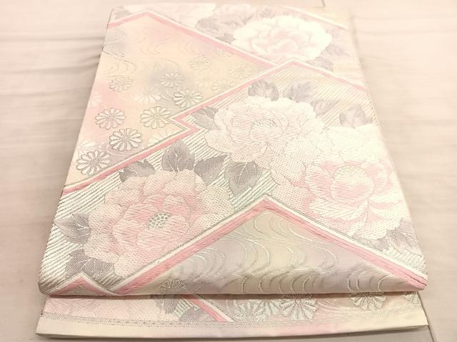 平和屋着物◎六通柄袋帯 唐織 松皮菱牡丹花文 銀糸 正絹 逸品 BAAV8521hv