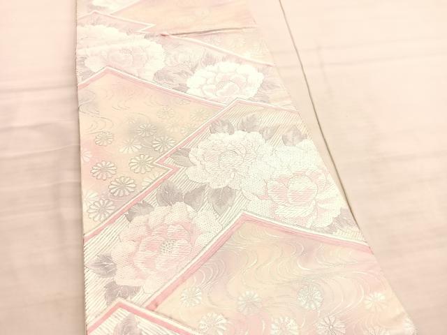 平和屋着物◎六通柄袋帯 唐織 松皮菱牡丹花文 銀糸 正絹 逸品 BAAV8521hv