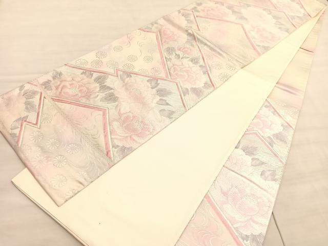 平和屋着物◎六通柄袋帯 唐織 松皮菱牡丹花文 銀糸 正絹 逸品 BAAV8521hv