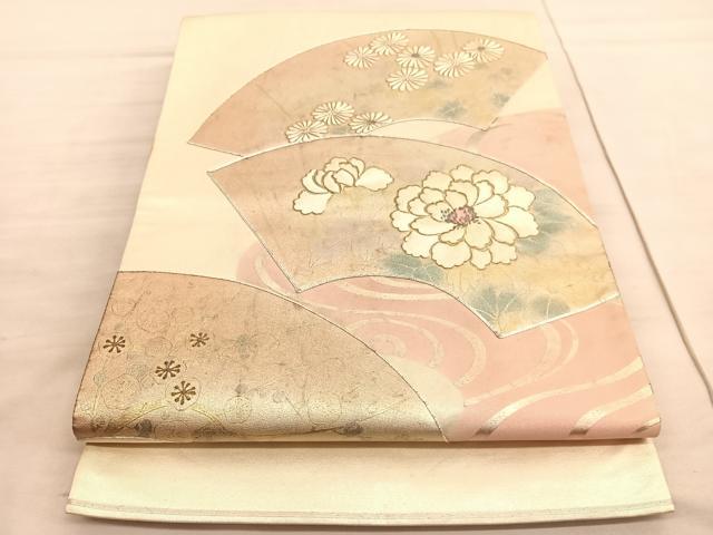 平和屋着物◎太鼓柄袋帯 駒刺繍 地紙牡丹花文 金銀彩 引箔 正絹 逸品 BAAV8550hv