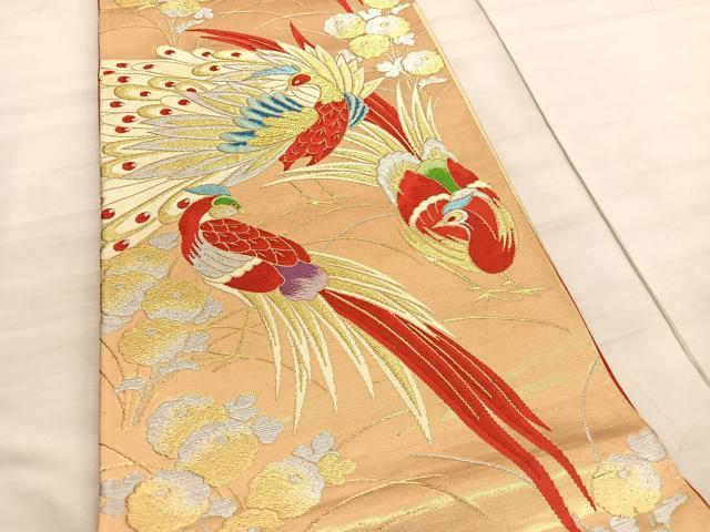 平和屋着物◎六通柄袋帯 尾長鳥万寿菊文 金銀糸 正絹 逸品 BAAV8554hv