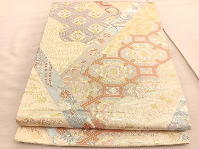 平和屋着物◎六通柄袋帯 唐織 竜田川双鶴花文 金銀糸 正絹 逸品 BAAV8592hv