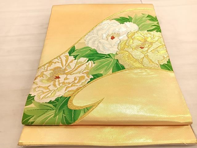 平和屋着物▼西陣の名門 本家加納謹製 太鼓柄袋帯 刺繍 牡丹 金銀糸 引箔 正絹 逸品 BAAV8648hv