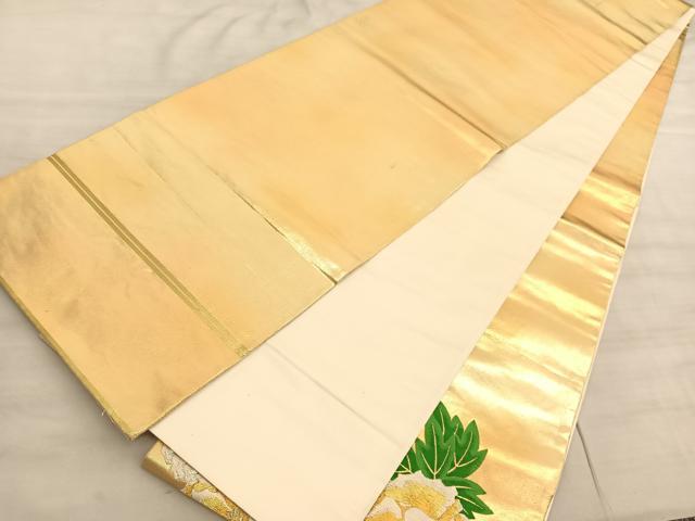 平和屋着物▼西陣の名門 本家加納謹製 太鼓柄袋帯 刺繍 牡丹 金銀糸 引箔 正絹 逸品 BAAV8648hv