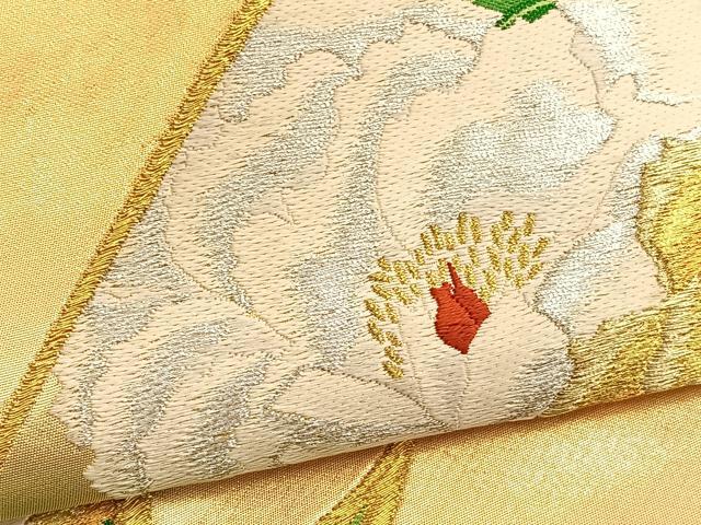 平和屋着物▼西陣の名門 本家加納謹製 太鼓柄袋帯 刺繍 牡丹 金銀糸 引箔 正絹 逸品 BAAV8648hv